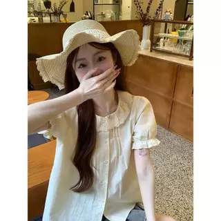 mimi&diid-เสื้อเชิ้ตแขนสั้นสีฟ้าทรงหลวมน่ารัก เสื้อไซส์ใหญ่ดีไซน์เก๋ไก๋สไตล์เกาหลี พร้อมปกปีเตอร์แพน สำหรับผู้หญิง-W755