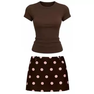 Bentoy-5130 ชุดเสื้อและกระโปรงลายจุดสีน้ำตาล ดีไซน์เรียบหรู ชุดสีน้ำตาล กระโปรงลายจุดบนพื้นสีน้ำตาล