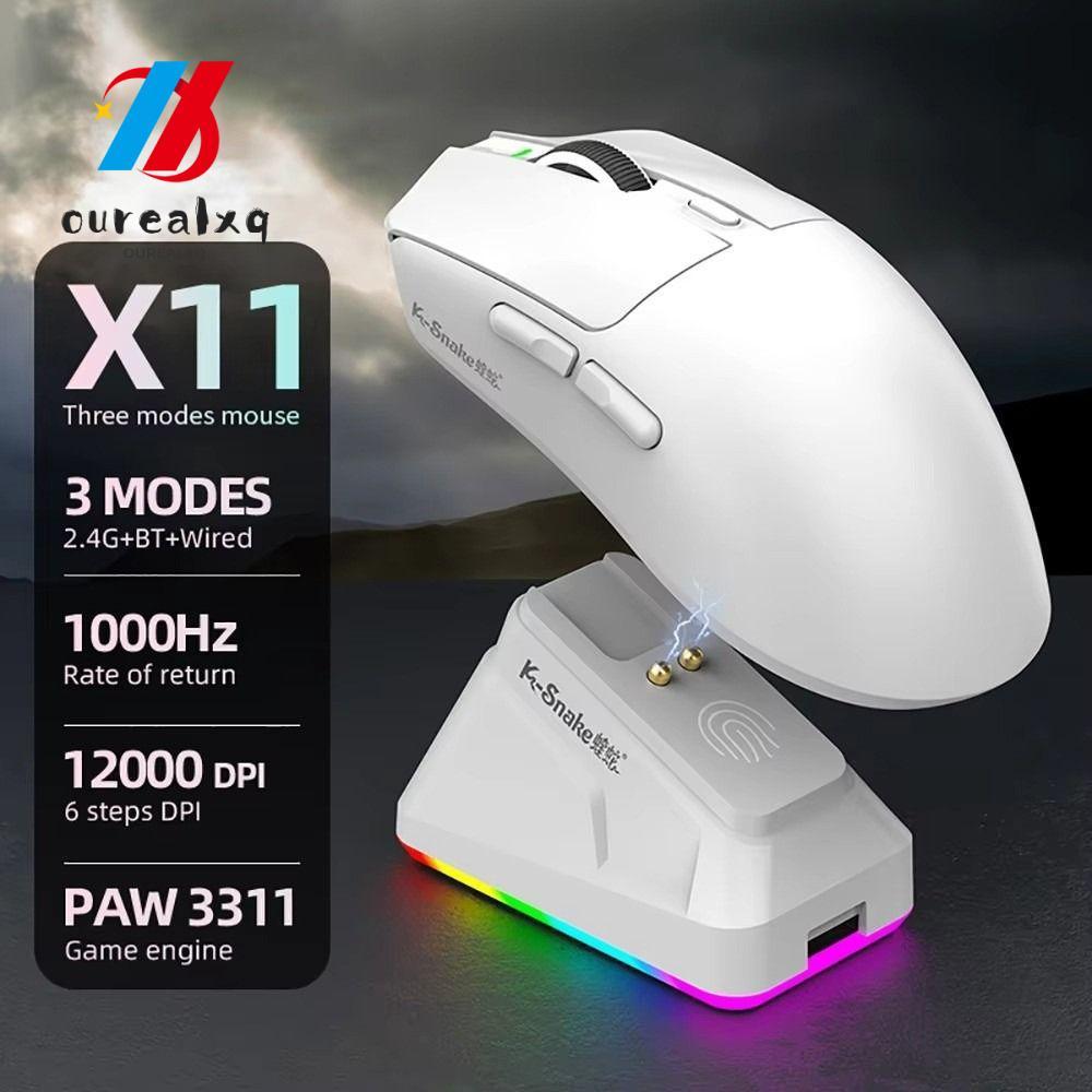 OUREAPH Tri-Mode Bluetooth Mouse, X11 PAW3311 12000 DPI เมาส์ไร้สาย, Ergonomic High Precision Progra