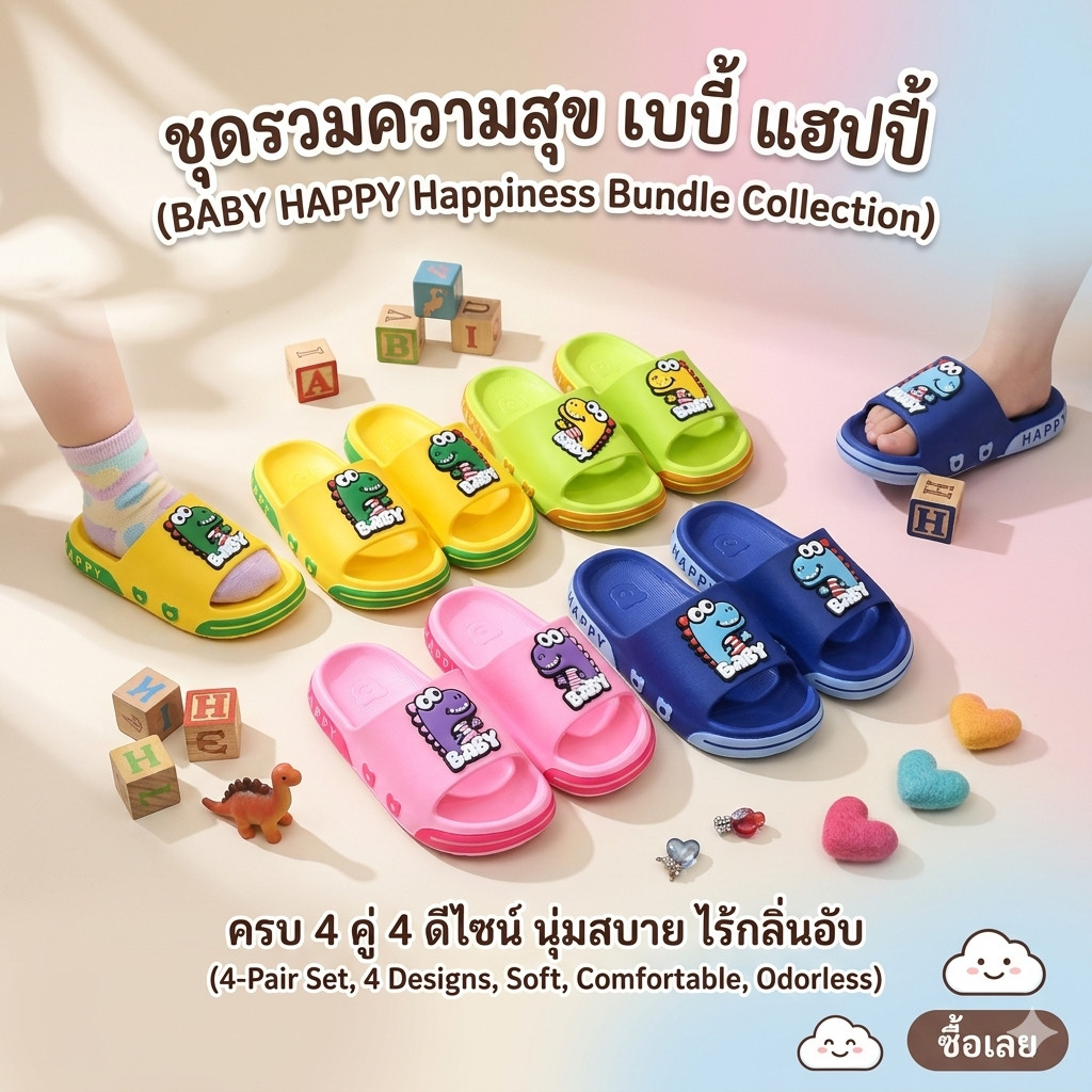 รองเท้าแตะเด็ก PVC ลายไดโนเสาร์ Baby สีสดใส กันลื่น น้ำหนักเบา ใส่สบาย รองเท้าเด็กใส่ในบ้าน