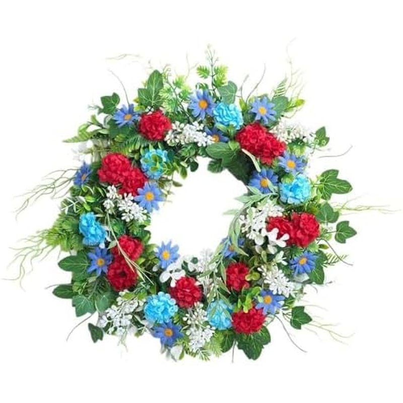 4th of July พวงหรีดป่าสีฟ้าสีแดง - ตกแต่งประตูรักชาติ 16in, พวงหรีดประตูด้านหน้าสไตล์อเมริกัน, ถอดรห