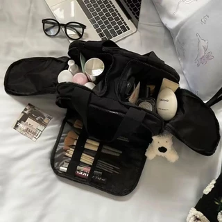 Puffie พร้อมส่ง กระเป๋าเครื่องสำอางผู้หญิงใบใหญ่ เปิดได้ 2 ด้าน นุ่มฟู ใส่อุปกรณ์อาบน้ำ เดินทาง