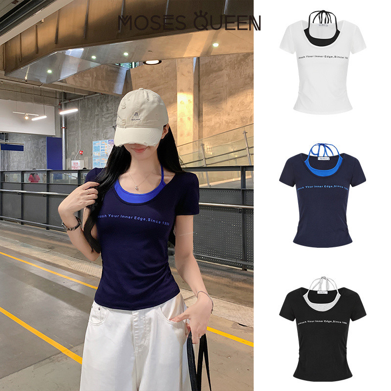 MOSESQUEEN เวอร์ชั่นเกาหลีของ "Hot Girl" เสื้อยืดแขนสั้นเกาะอกคอวีพิมพ์ลายตัวอักษรปลอมสองชิ้น - เสื้อสลิมมิ่งและอเนกประสงค์ #63936