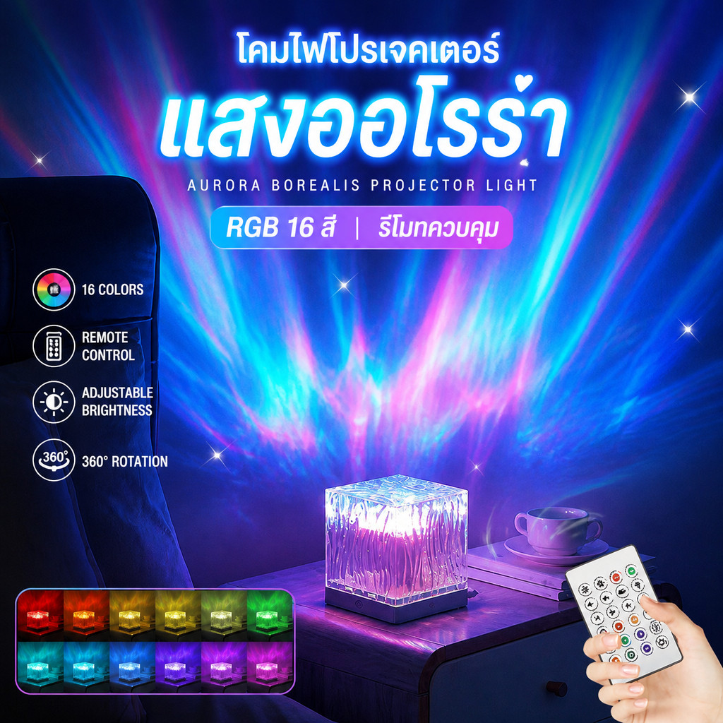 ไฟแต่งห้อง ปรับสีได้ 16 สี โคมไฟหัวเตียง ไฟออรอร่า ลายคลื่นน้ำ แสงโรแมนติก ปรับแสงนุ่มไม่แสบตา