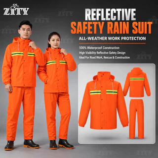 ZITY ชุดกันฝนเซฟตี้แถบสะท้อนแสง เสื้อ+กางเกง กันน้ำ สำหรับงานก่อสร้าง ซ่อมถนน กู้ภัย