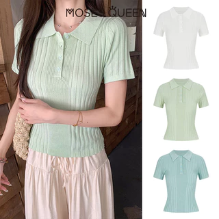 MOSESQUEEN เสื้อถักนิตติ้งสีน้ําเงินอย่างมากของผู้หญิงสําหรับฤดูร้อนน้ําหนักเบาเสื้อโปโลสไตล์วัยรุ่นแขนสั้น #69076
