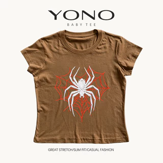 (พร้อมส่ง24ชม.) YONO baby tee สีดำ ลายแมงมุมสีขาวกับใยสีแดง ทรงเข้ารูป สไตล์โกธิค y2k