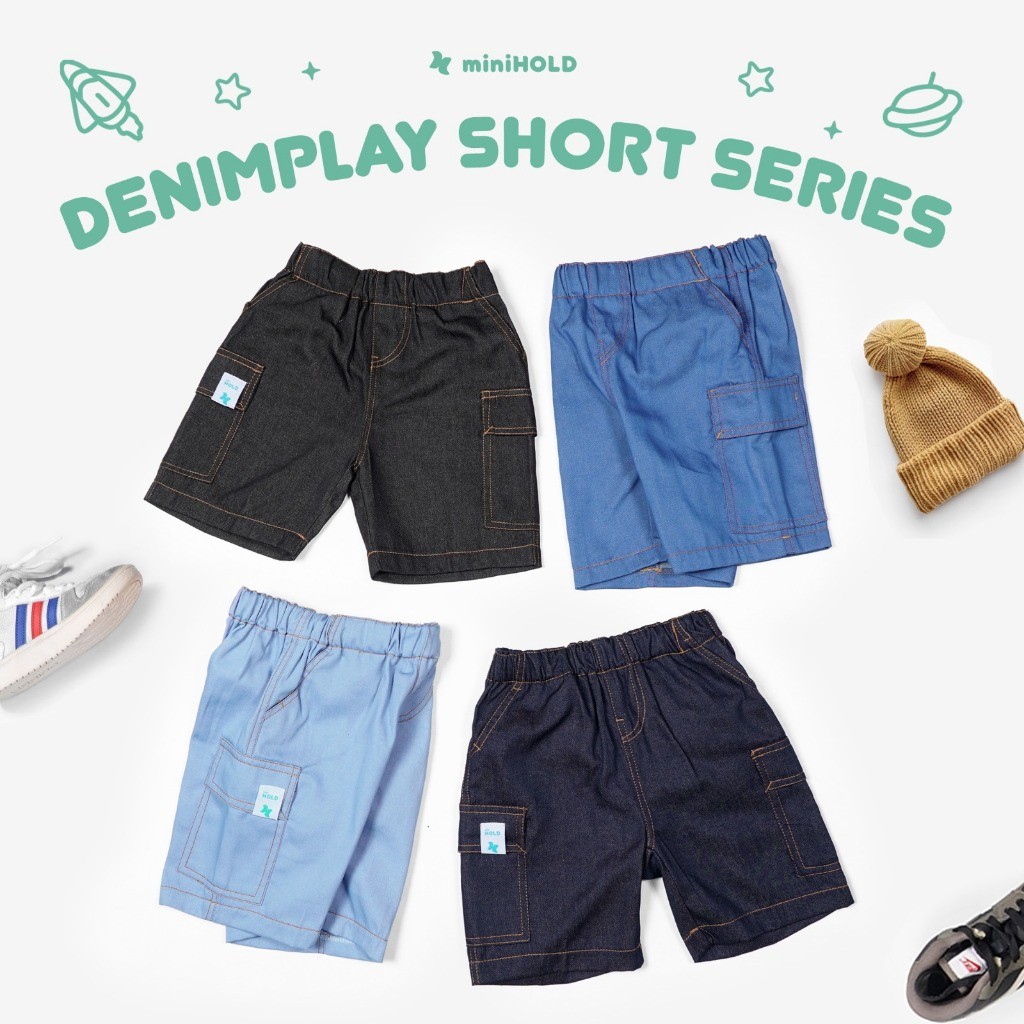HORANSHOP MINIHOLD Raw Soft Denim Cargo Short Pants กางเกงยีนส์เด็กกางเกงขาสั้นอายุ 1-12 ปี