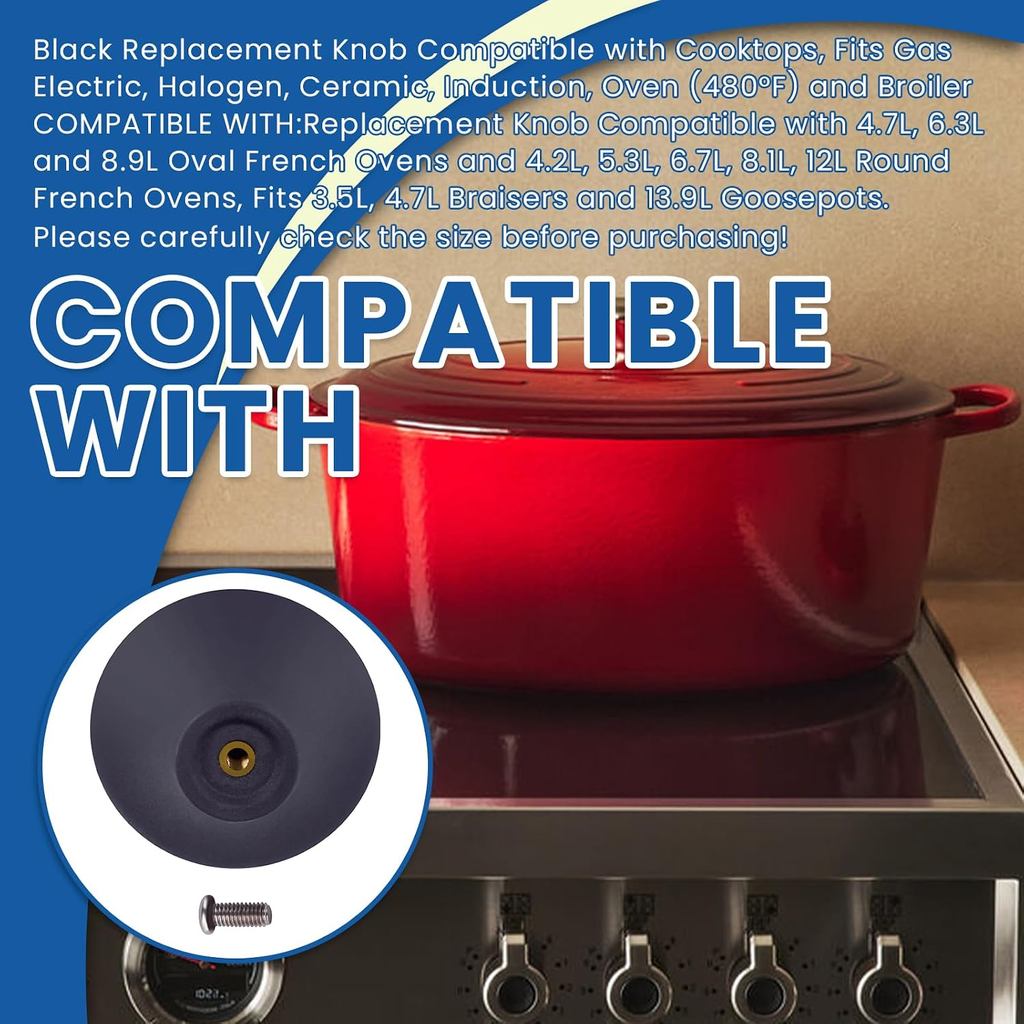 ลูกบิดทดแทน (2.2in,พร้อมสกรู) เข้ากันได้กับ Cooktop,Fits 4.7L,6.3L และ 8.9L เตาอบฝรั่งเศสทรงรี และ 4