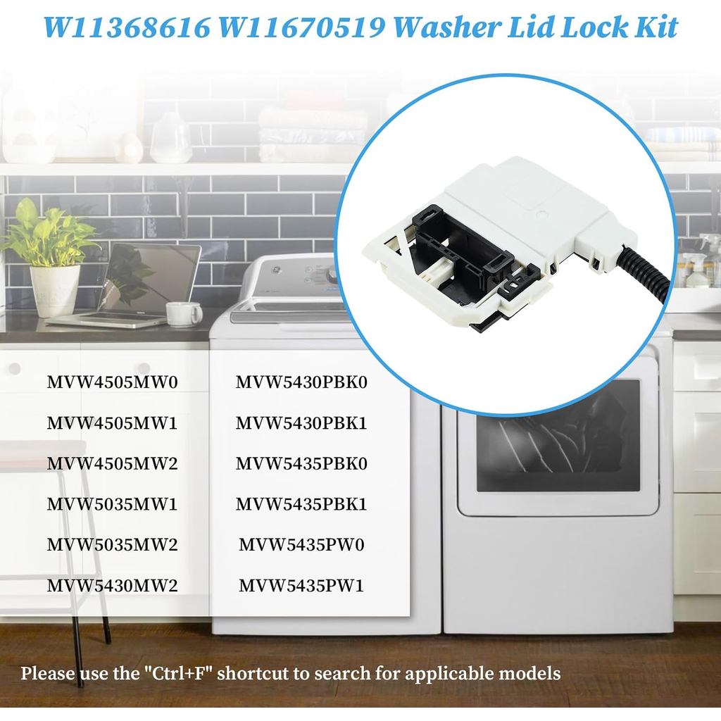 W11670519 ชุดสลักล็อคฝาเครื่องซักผ้า (3 สาย) - เข้ากันได้กับเครื่องซักผ้า Whirlpool & Maytag, ทดแทนส