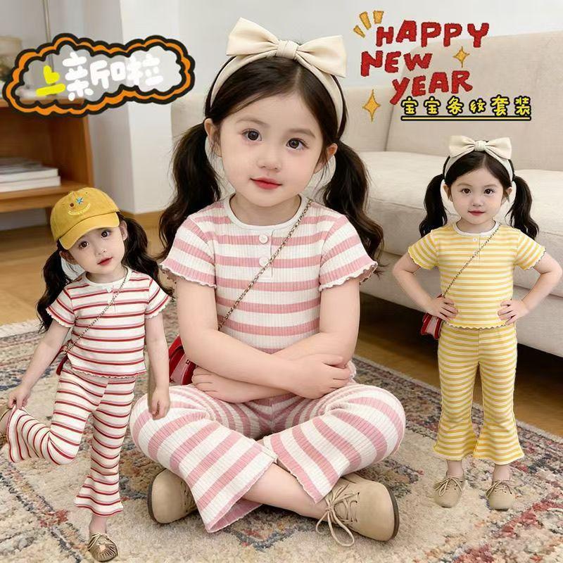 cutebaobao ใหม่2026ชุดเซตเด็กผู้หญิง เสื้อ+กางเกง ผ้าถักร่อง นุ่ม และยืดหยุ่น ผ้าใส่สบาย สีเหลือง สีชมพู สีแดง