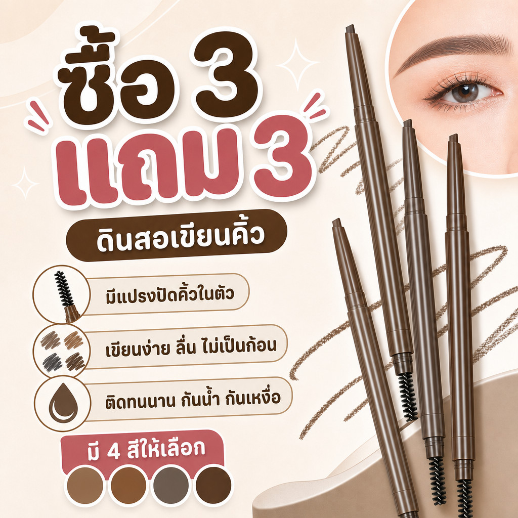 ซื้อ 3 แถม 3 ดินสอเขียนคิ้วแบบหมุน กันน้ำ มีแปรงปัดคิ้วในตัว 2 in 1 สําหรับแต่งหน้าเขียนคิ้ว เนื้อดี