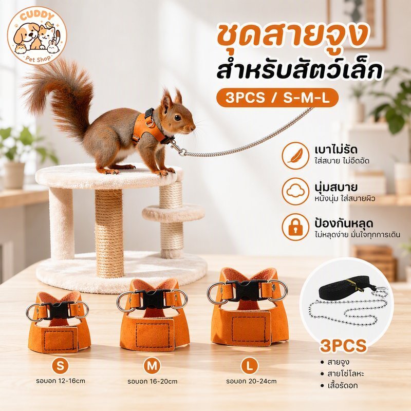 สายจูงหนูแฮมสเตอร์ กระรอก สายจูงสัตว์เล็ก น้ำหนักเบา นุ่มสบาย กันหลุด พกพาง่าย มี S M L 3PCS