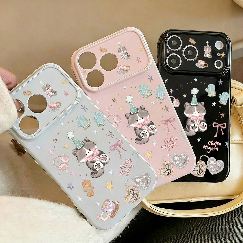 เคสโทรศัพท์สีมาการอง Cute Cat Soft Case For iPhone 11 14 17 15 13 12 16 18 Pro Max 16pro ดีไซน์รูปหัวใจด้านข้าง นิ่มเคส