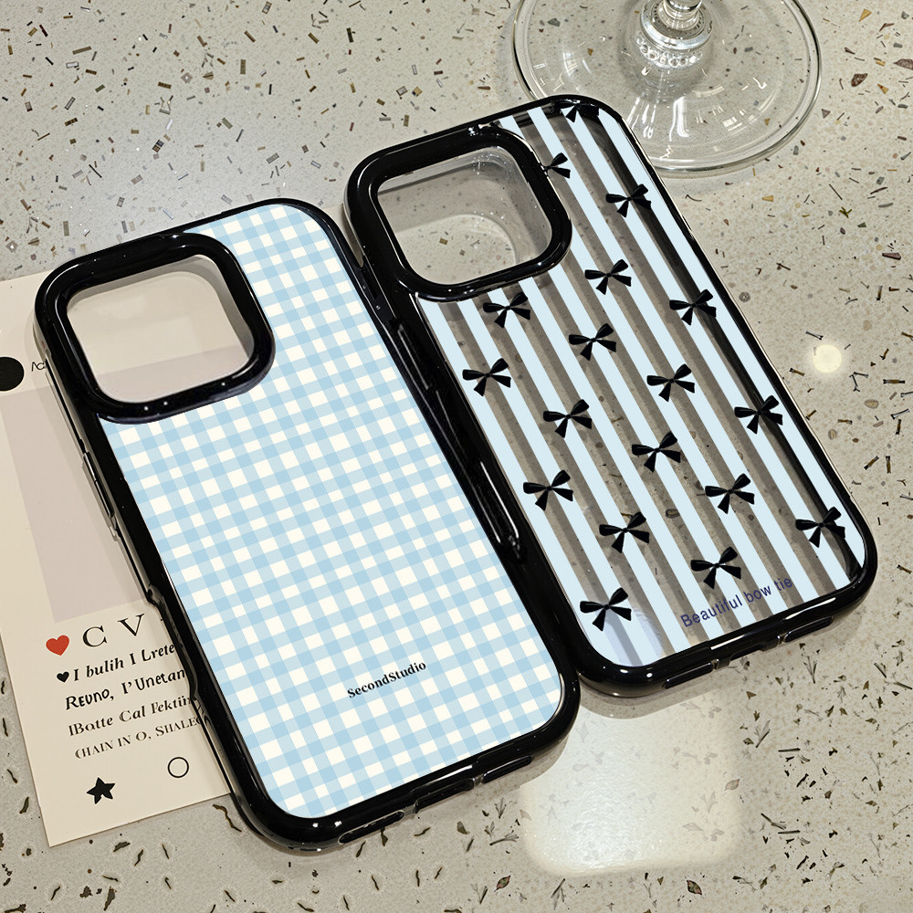 อะคริลิคโปร่งใส Hard เคส For iPhone 11 13 15 17 16 14 12 Pro Max Air เคสไอโฟน11 โบว์ลายตารางสีฟ้า เคสใสไอโฟ กันกระแทก