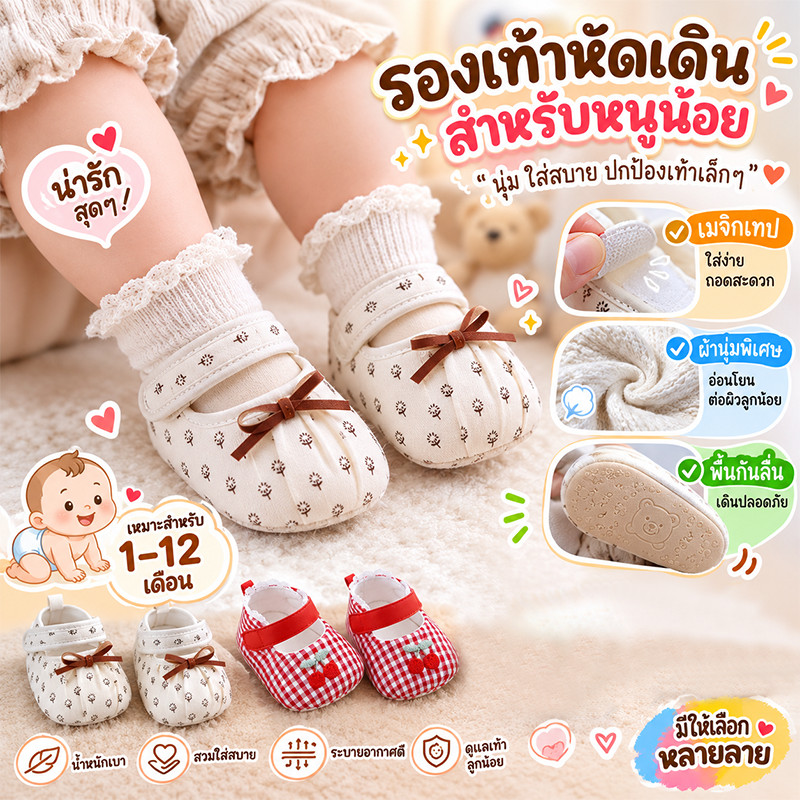 รองเท้าเด็กผู้หญิง ทรงน่ารัก รองเท้าเด็กแรกเกิด นุ่มสบาย 0-12 เดือน นุ่มสบาย กันลื่น นุ่มและสบาย