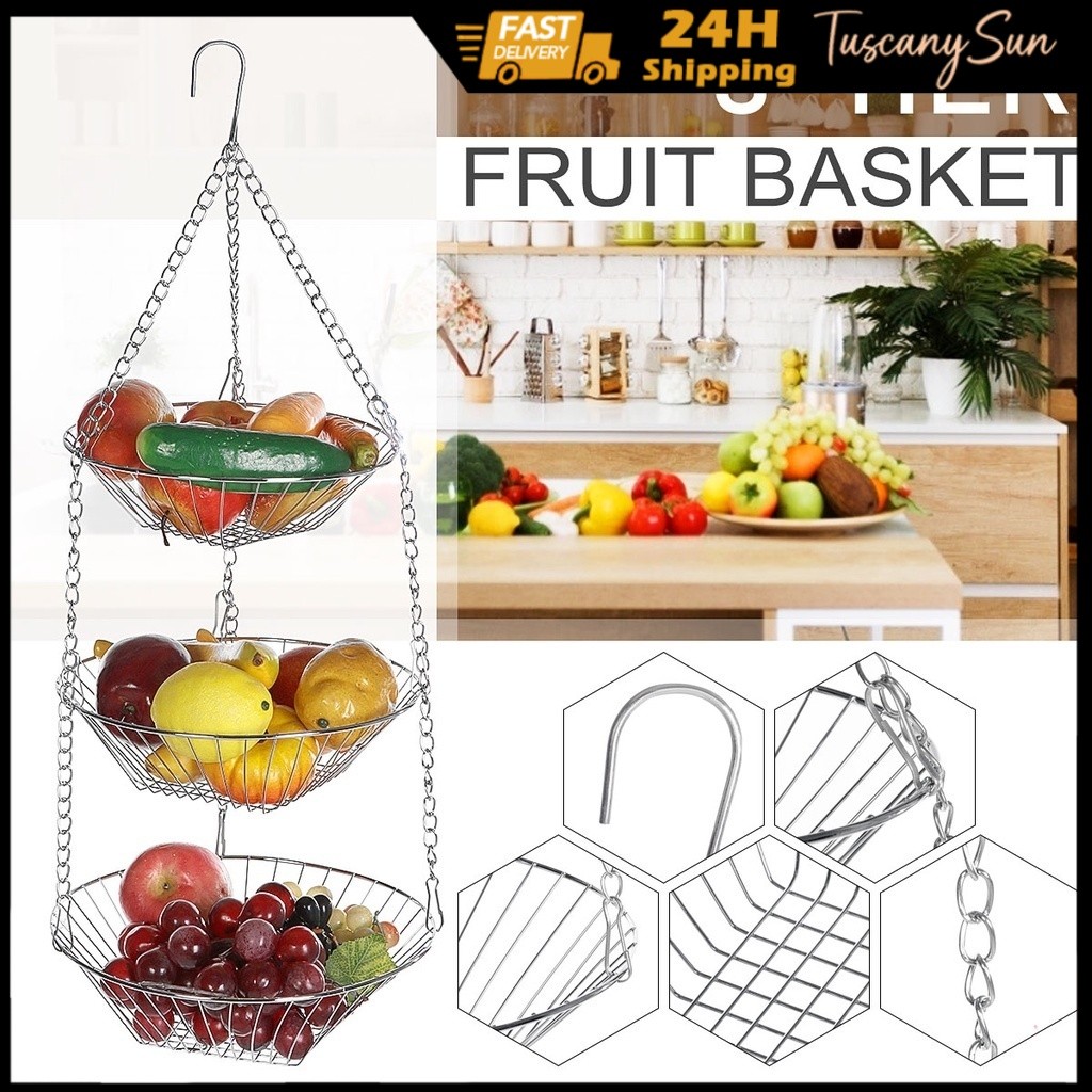 3 ชั้นลวดเหล็กผลไม้แขวนตะกร้าผักผลไม้เก็บ Chrome Rack Bakul Bawang Gantung Bawang