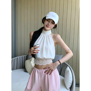 Vogue🌟พร้อมส่ง🌟 เสื้อคล้องคอแบบผูก ดีไซน์ชายเสื้อลายลูกไม้ ทรงครอปเปิดหลังเซ็กซี่ (FY5231)