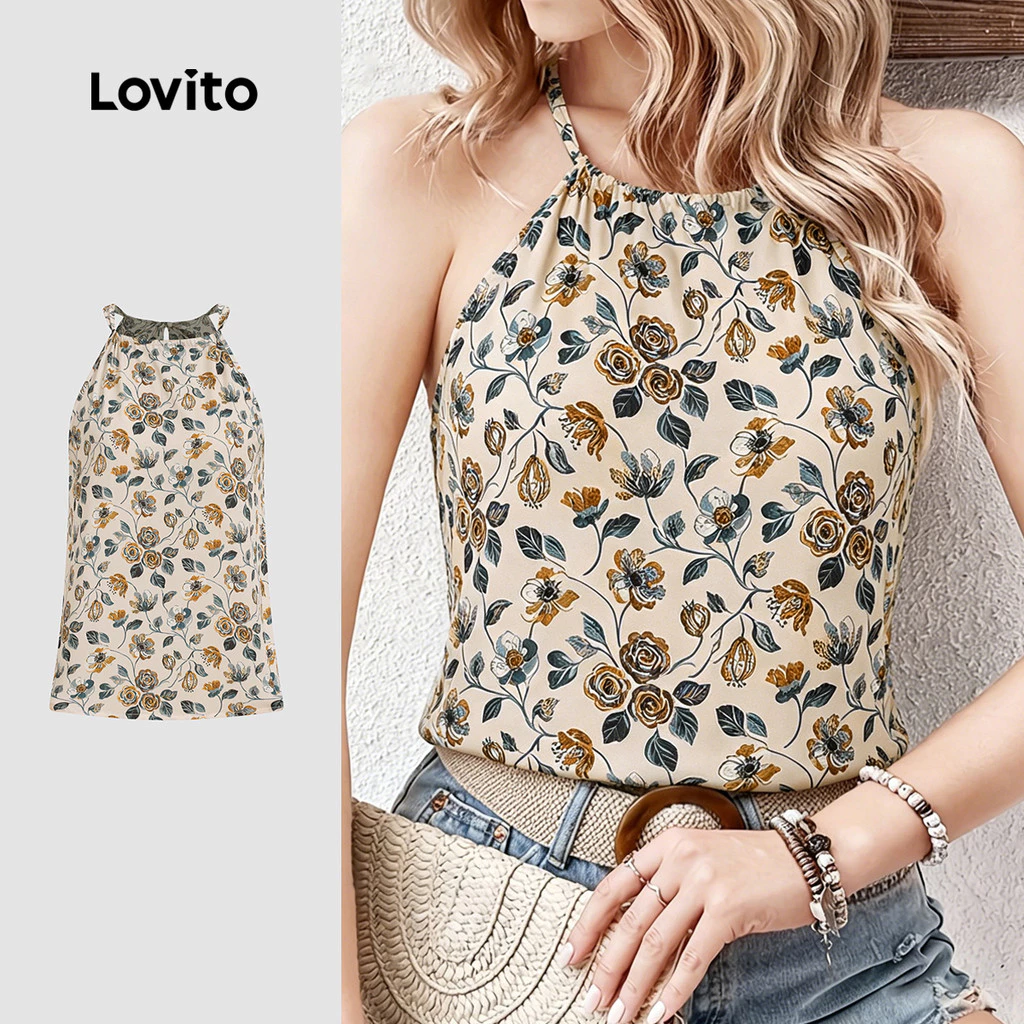 (New Arrival) Lovito เสื้อเบลาส์สไตล์โบโฮลายดอกไม้สําหรับวันหยุดพักผ่อน สไตล์ฤดูใบไม้ผลิ/ฤดูร้อนสําหรับผู้หญิง L196ED744
