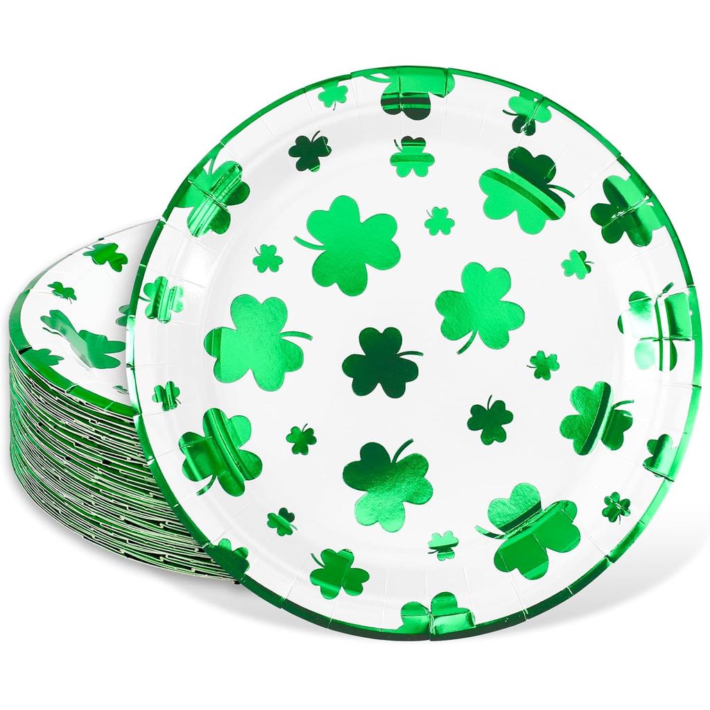 JarThenaAMCS 40 ชิ้น St. Patricks Day ฟอยล์ Shamrock แผ่นกระดาษทิ้งแผ่น 9 นิ้ว Green Clover ขนมจานอา