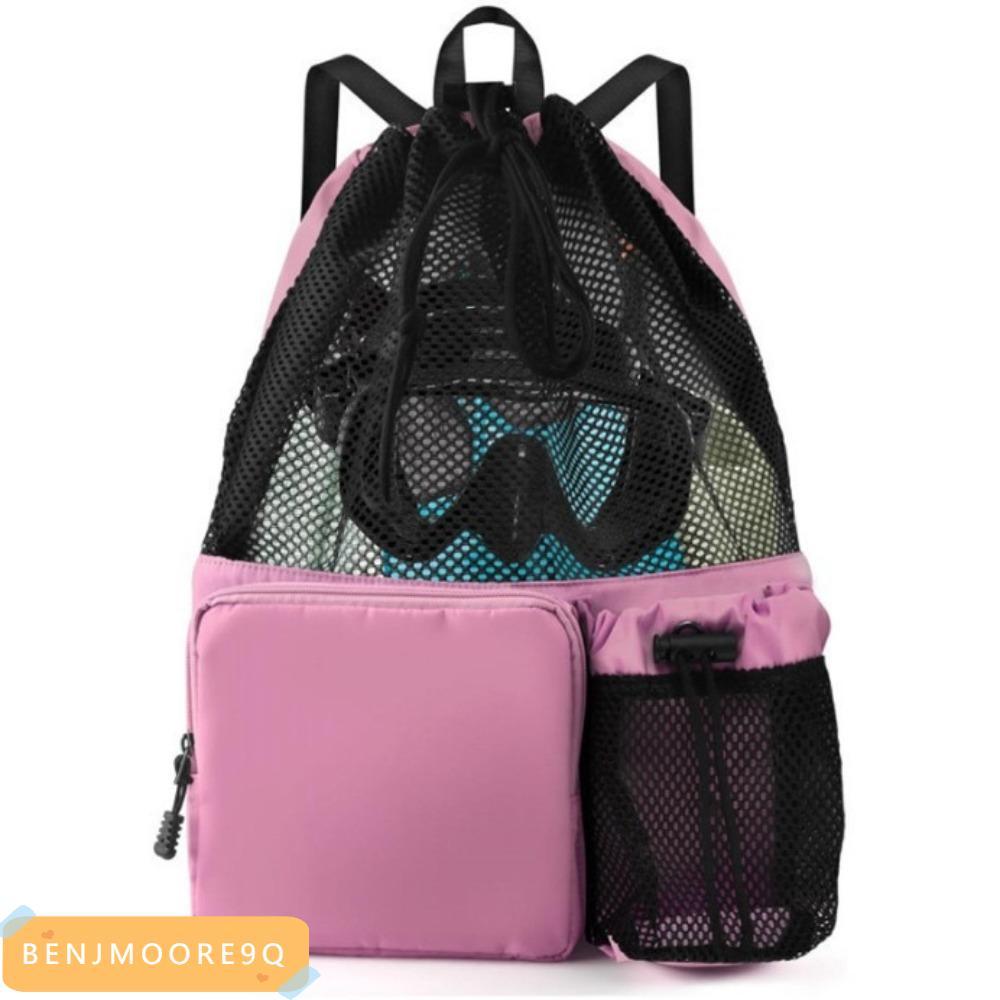 BENJMOORE9Q Swim Bag, with Wet Pocket Waterproof Drawstring Backpack, Durable Nylon Mesh Beach Backp