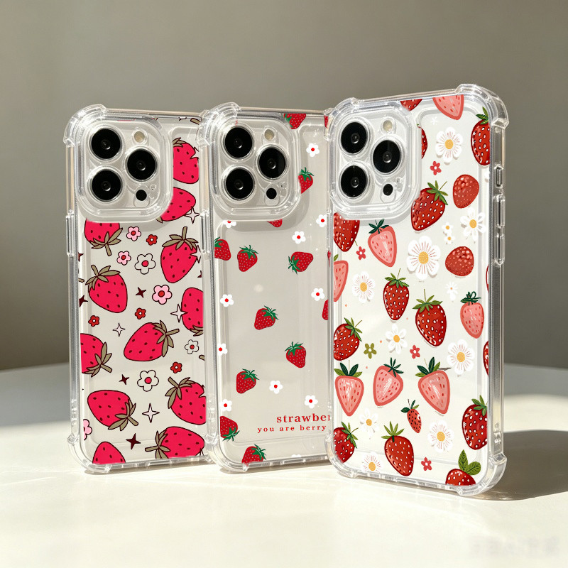 สตรอเบอร์รี่ดอกไม้เคสโทรศัพท์สําหรับ Xiaomi 17T 15T Pro POCO X8 Pro Max M7 X7 F7 X5 X3 X4 NFC M3 M4 Pro F4 15 Ultra 12T 13T TPU Clear Air-Guard มุมฝาครอบ