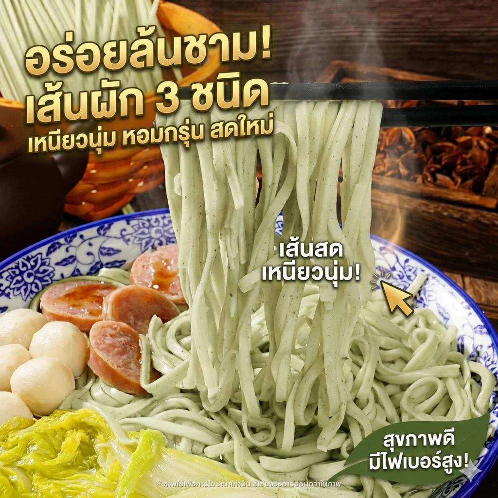🍜 บะหมี่เส้นผักรวม (ใบหม่อน มะระ คื่นฉ่าย) เส้นสด เหนียวนุ่ม ไฟเบอร์สูงปรี๊ด อร่อยล้นชาม! [วันผลิตดูที่ซอง]