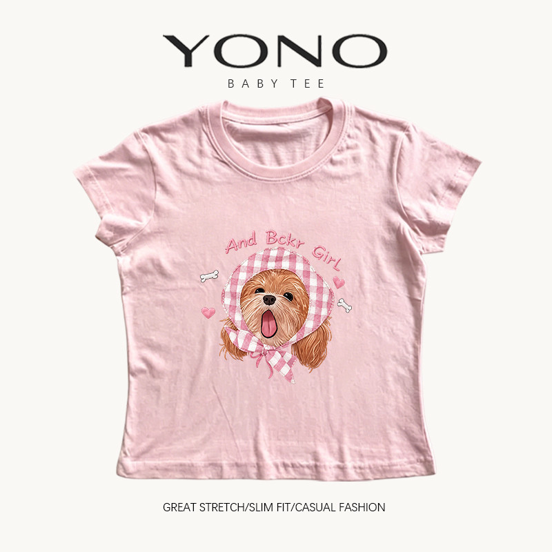 (พร้อมส่ง24ชม) YONO เสื้อยืดผู้หญิง Baby Tee คอกลม แขนสั้น ทรงเข้ารูป ลายสุนัขคลุมผ้าตาราง สไตล์เกาหลี