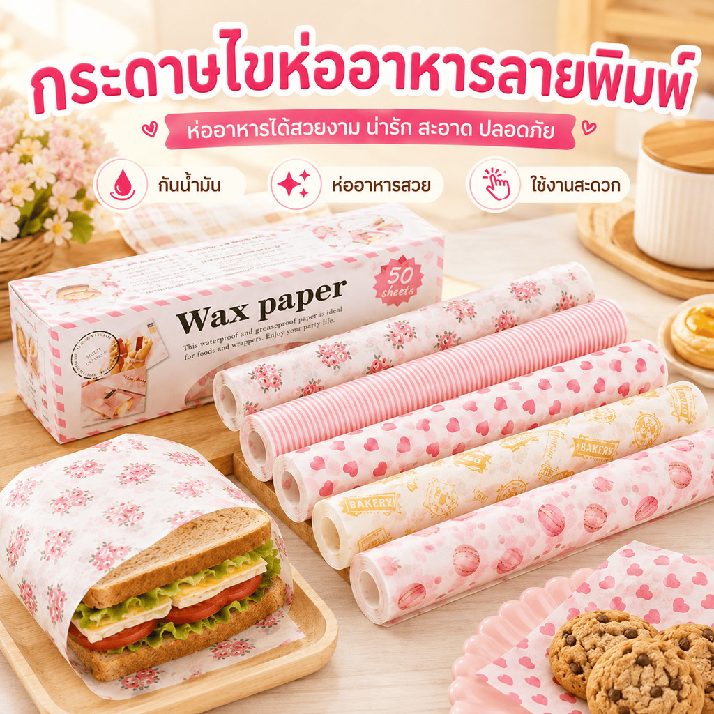 SoftLiv สำหรับร้านเบเกอรี่ กระดาษไขลายพิมพ์ 50 แผ่น ห่อขนมให้สวย กันน้ำมัน ใช้ง่าย เหมาะคุกกี้ พร้อมส่งไทย มีของพร้อมส่ง