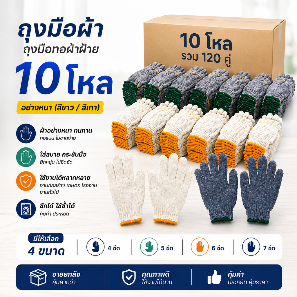 ถุงมือผ้า 10โหล ถุงมือทอผ้าฝ้าย 4,5,6,7ขีด 120คู่ อย่างหนา (