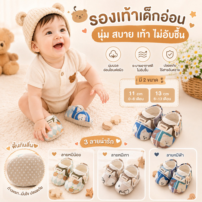 รุ่นใหม่ รองเท้าเด็กแรกเกิด รองเท้าเด็กแรกเกิดน่ารักๆ กันลื่น ระบายอากาศ นุ่มนิ่มใส่สบาย（0-12 เดือน）