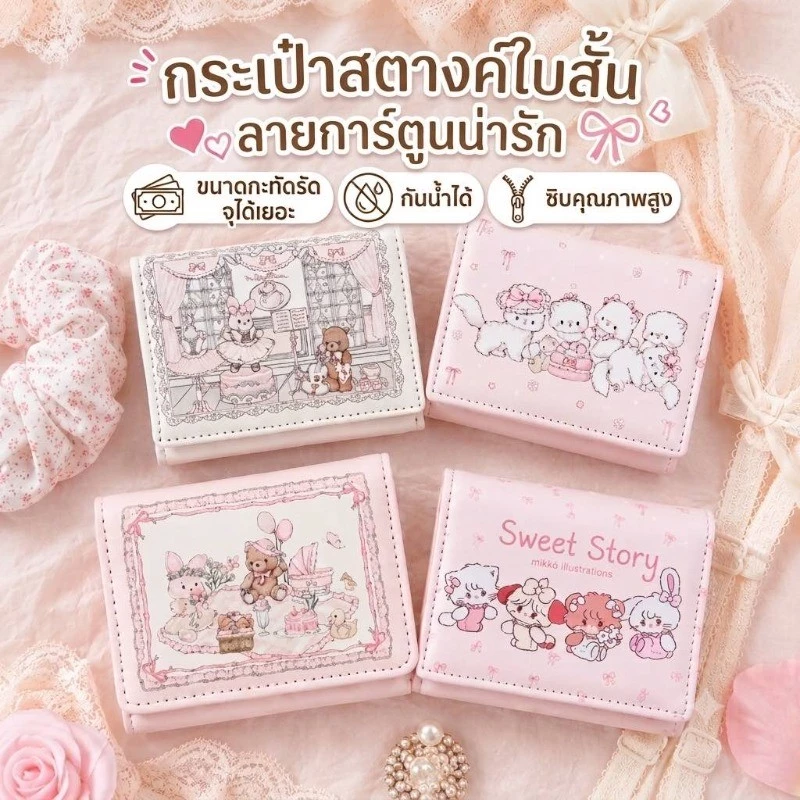 กระเป๋าสตางค์การ์ตูน PU สามพับ พกพา ลายน่ารัก หมี กระต่าย กันน้ำ ใส่บัตร ธนบัตร เหรียญ