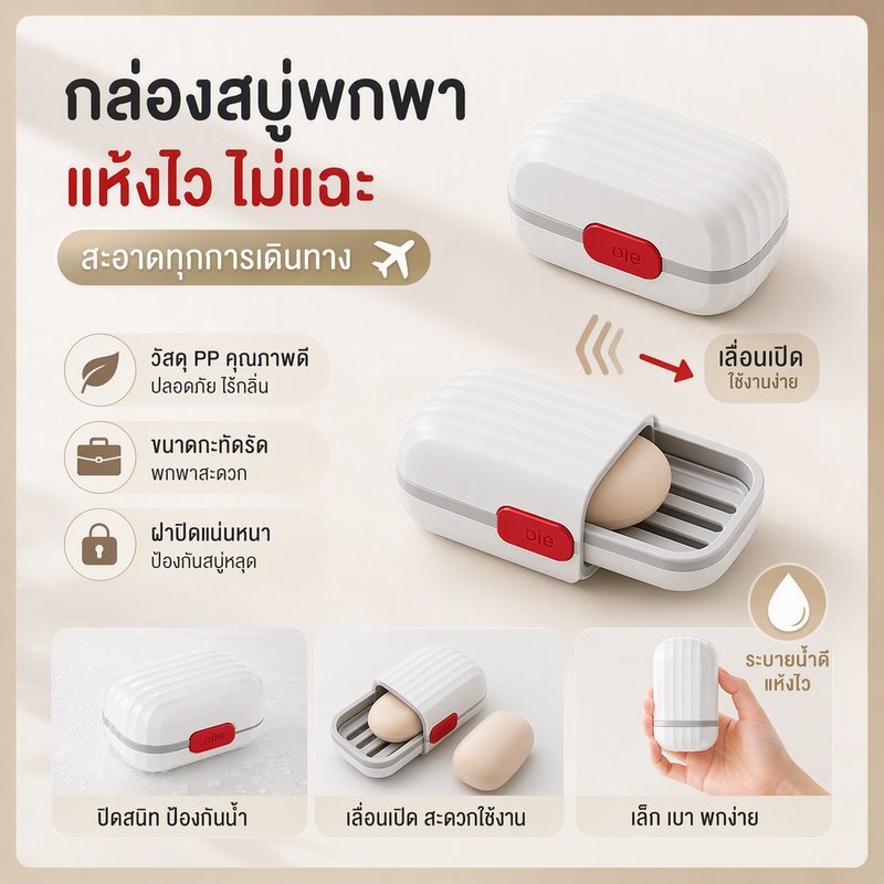 กล่องสบู่ แบบพกพา กล่องใส่สบู่เดินทาง มีฝาปิด พร้อมถาดรอง แห้งไว พลาสติก PP สีขาว