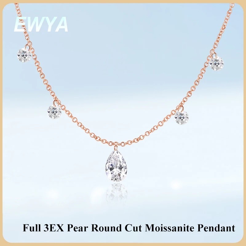 76CQ EWYA 5-Stone ทั้งหมด 3EX Pear รอบตัด Moissanite จี้สร้อยคอ s925 เงิน Dainty Teardrop Lab เพชรคอ