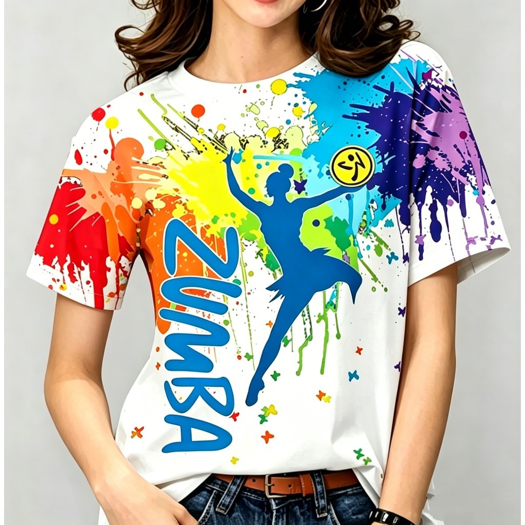 Rainbow Zumba Wear Outfit สําหรับผู้หญิง สีสัน Dancer Silhouette เสื้อแขนสั้น Soft Brea