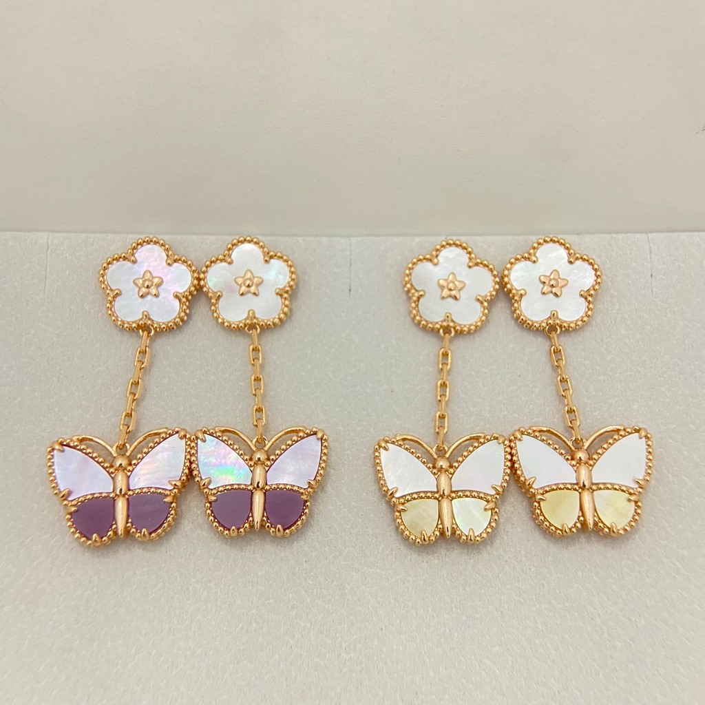 Van Cleef & Arpels ดอกไม้ผีเสื้อต่างหู Elegant Shell-Inlaid ดอกไม้ด้านบนลูกปัดที่ละเอียดอ่อนกรอบหรูห