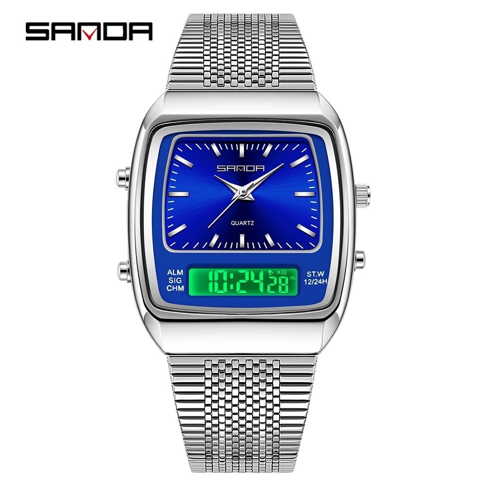 SANDA 3393 Retro นาฬิกาควอทซ์อิเล็กทรอนิกส์มัลติฟังก์ชั่น Dual Display Light Casual Digital