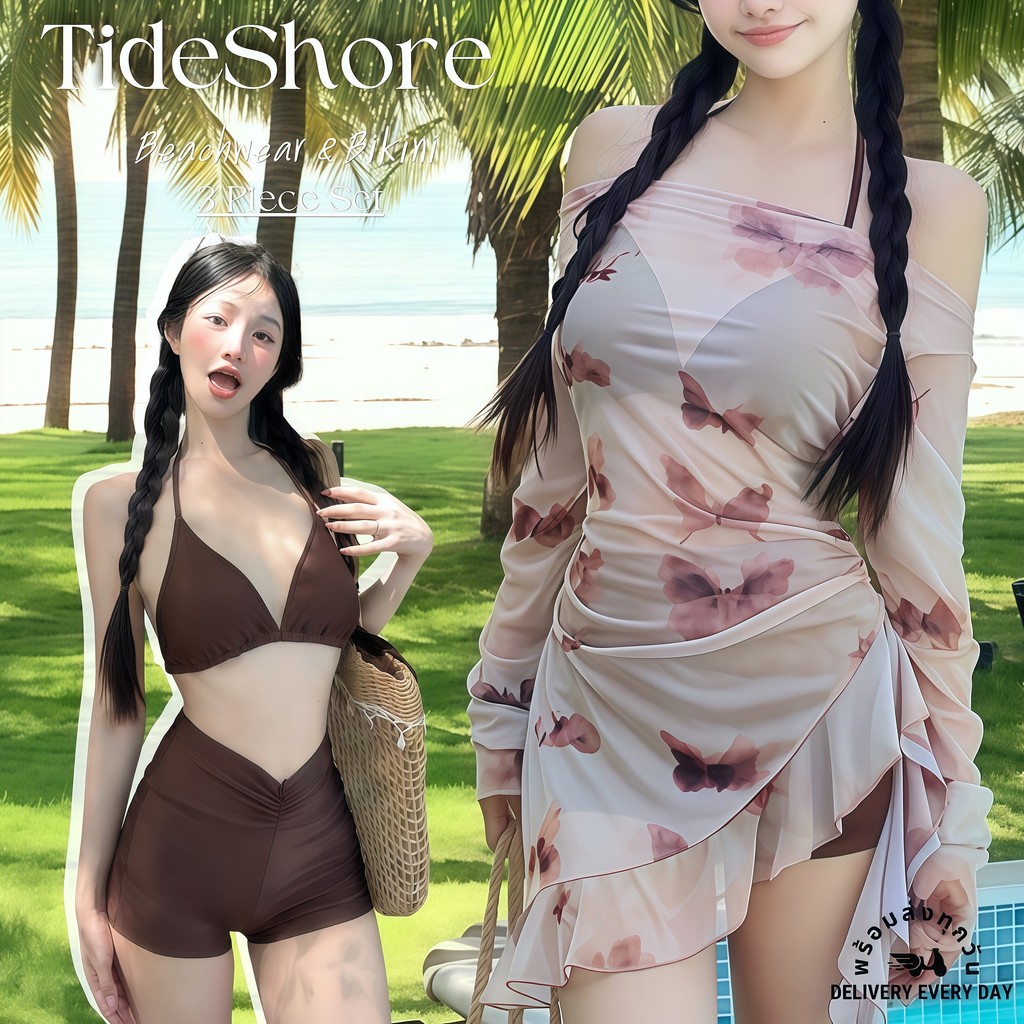 TIDE SHORE บิกินี่ 3 ชิ้น ชุดว่ายน้ำแขนยาวซีทรู ลายผีเสื้อ กันแดดกันลม มีไซส์ S-L | น้ำหนัก 38-58 กก. ส่งไวจากไทย Y146