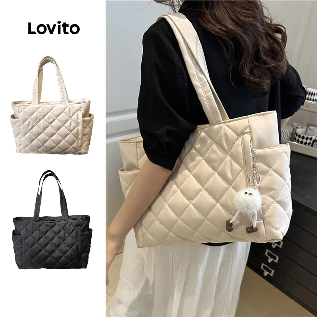 Lovito กระเป๋าถือสะพายไหล่ผ้าควิลท์ทนทาน สไตล์ลำลอง สำหรับเดินทาง ใช้ในชีวิตประจำวัน ไปโรงเรียน/นักเรียน สไตล์เกาหลี สำหรับผู้หญิง LFA98022