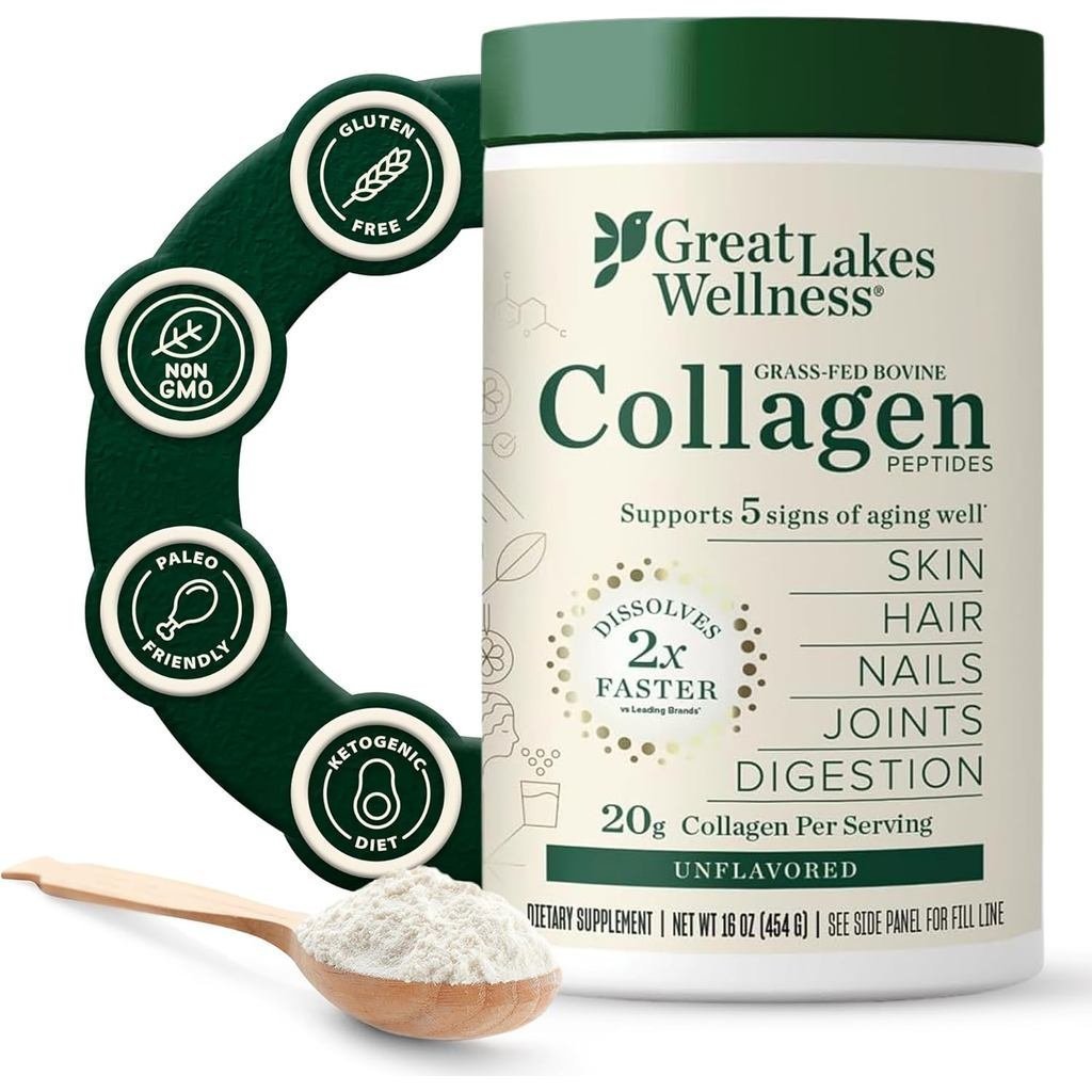 Great Lakes Wellness Collagen Peptides Powder – รองรับ ผม เล็บ ข้อต่อและย่อยอาหาร – Hydrolyzed, Non-