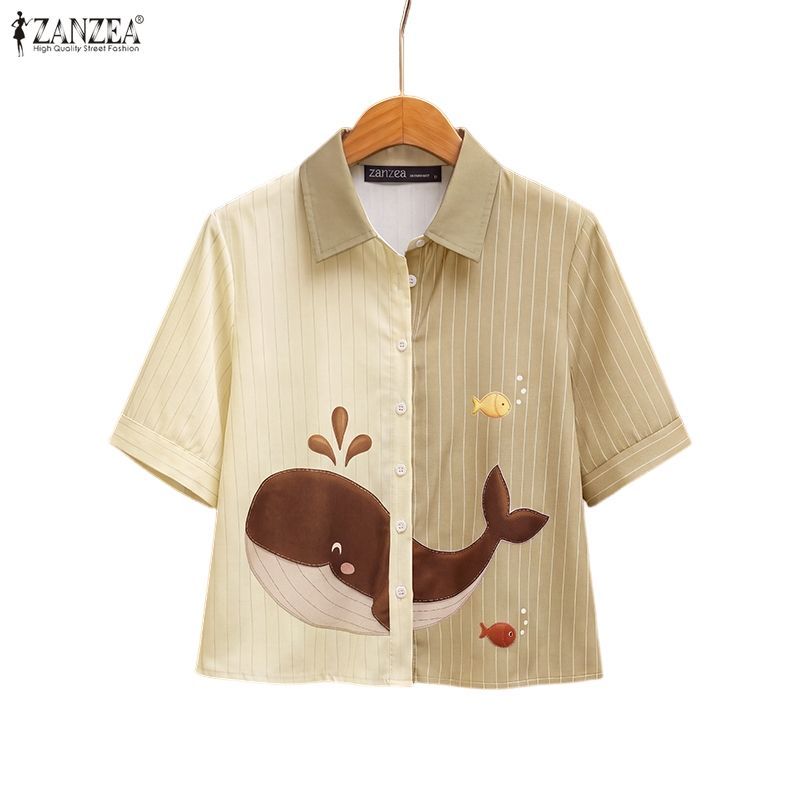 ZANZEA เสื้อเชิ้ตพิมพ์ลายการ์ตูนคอปกสไตล์เกาหลีสําหรับผู้หญิง H-Line Color-Block