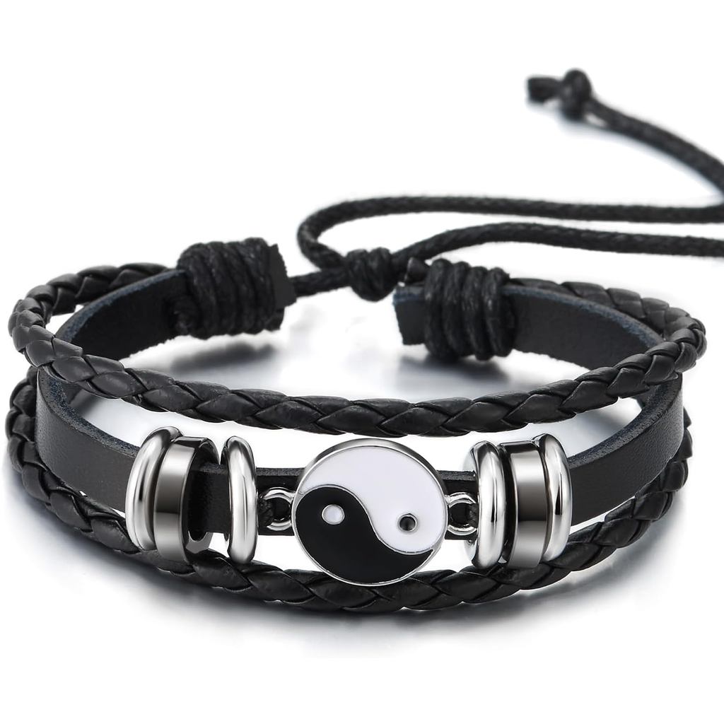 COOLSTEELANDBEYOND Yin-Yang Charm Bracelet, Leather Three-strand, Mens Womens Wrap Bracelet STON