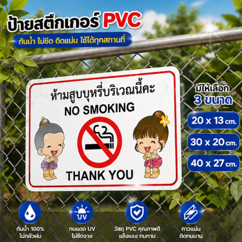 Sticker Mall สติกเกอร์ป้ายเตือน "ห้ามสูบบุหรี่บริเวณนี้ค่ะ" (No Smoking) ลายการ์ตูนเด็กไทยไหว้ขอบคุณ สุภาพ ทนแดด ทนฝน