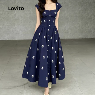 (New Arrival) Lovito เดรสสีน้ําเงินเข้มสําหรับผู้หญิง ลายแพทเทิร์นสวยหรู กระดุมหน้า เหมาะสําหรับฤดูใบไม้ผลิ/ฤดูร้อน LBL36139