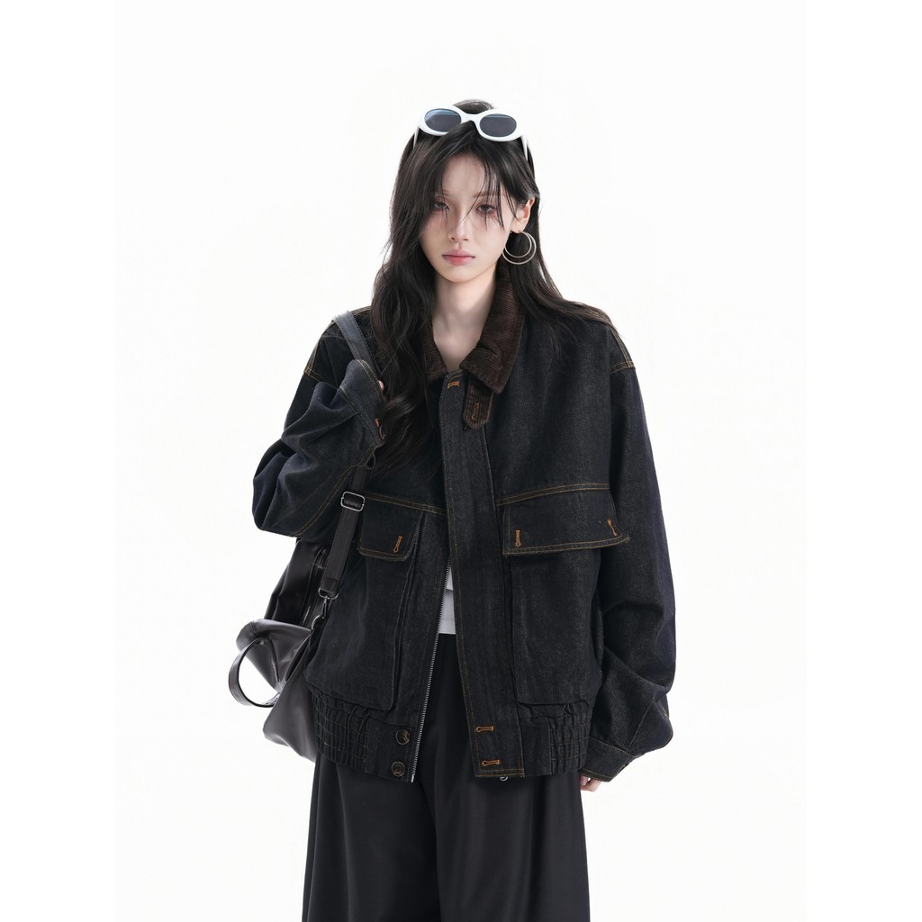 American Retro Corduroy Lapel Denim Jacket ผู้ชายผู้หญิงออกแบบหลวม Detroit Jacket อินเทรนด์