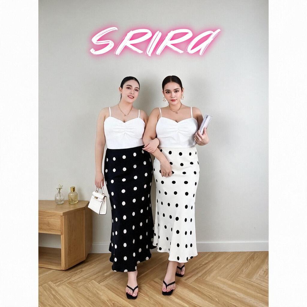 (ซื้อ2ลด8%) Srila Long Skirt กระโปรงยาวผ้าพริ้วลายจุดพลัสไซส์ 4สีใส่สบาย S-4XL (เช็คตารางไซส์)