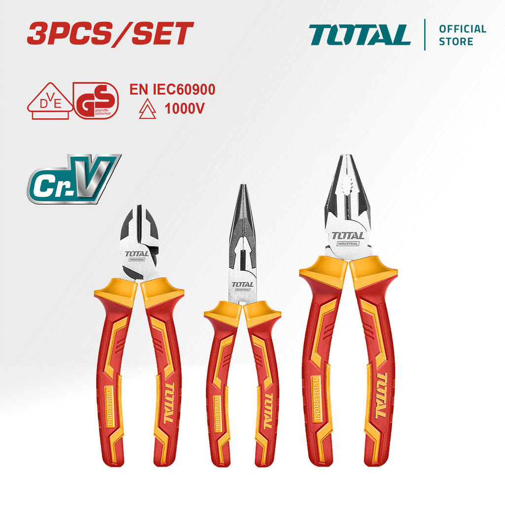 TOTAL Tools ชุดคีมฉนวน (คีมจมูกยาว + คีมตัดแนวทแยง + คีมรวม / 1000V) THT2K0302