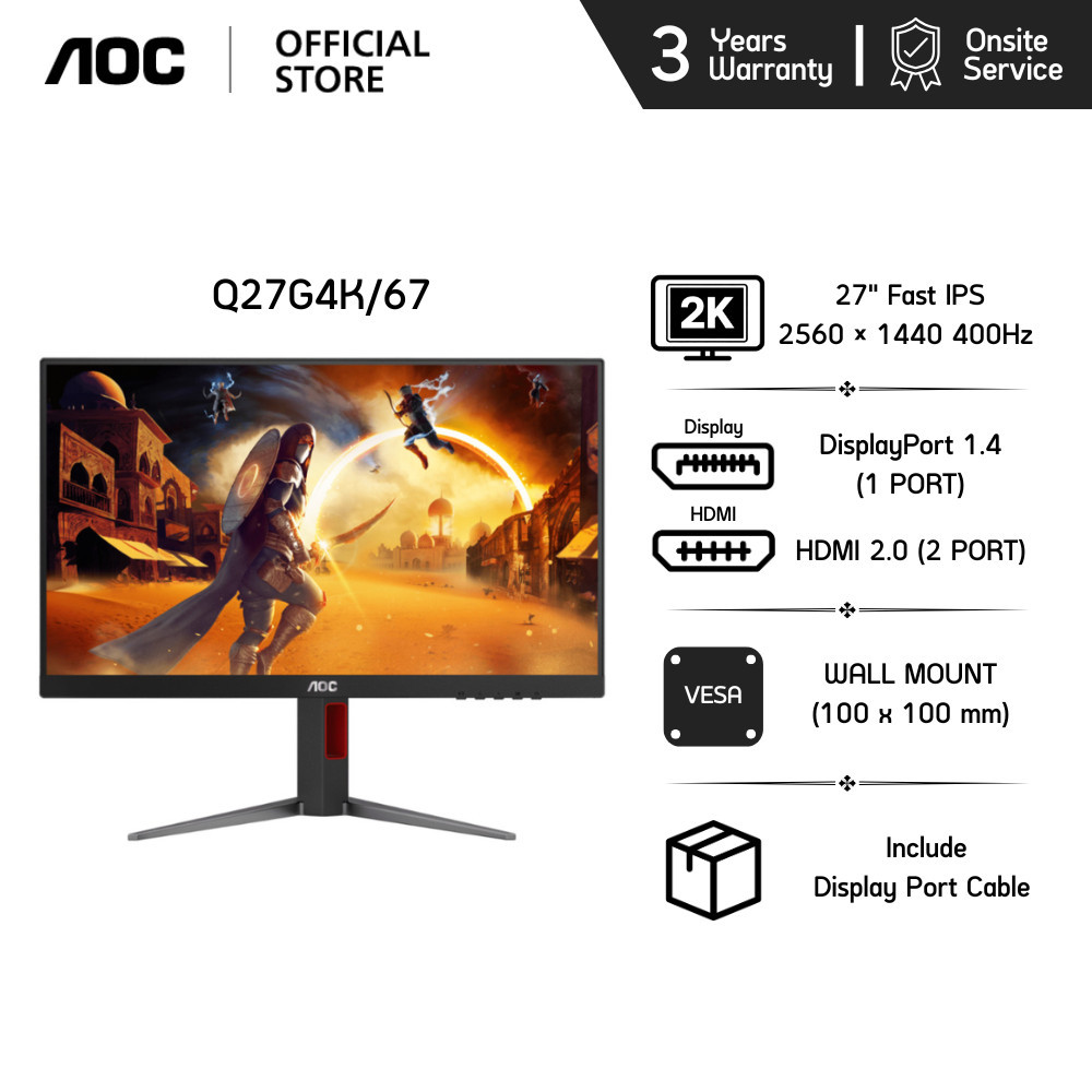 AOC Q27G4K/67 GAMING MONITOR (เกมมิ่งมอนิเตอร์) 27" FAST IPS 2K 400Hz 1MS