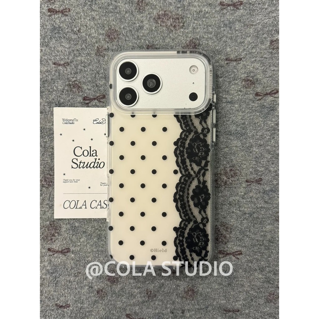 เคสโทรศัพท์ครีมลูกไม้สีขาวสีดําลายจุดเคลือบสองชั้นสไตล์เกาหลีฝาครอบป้องกันสําหรับiPhone 17 Pro Max 1