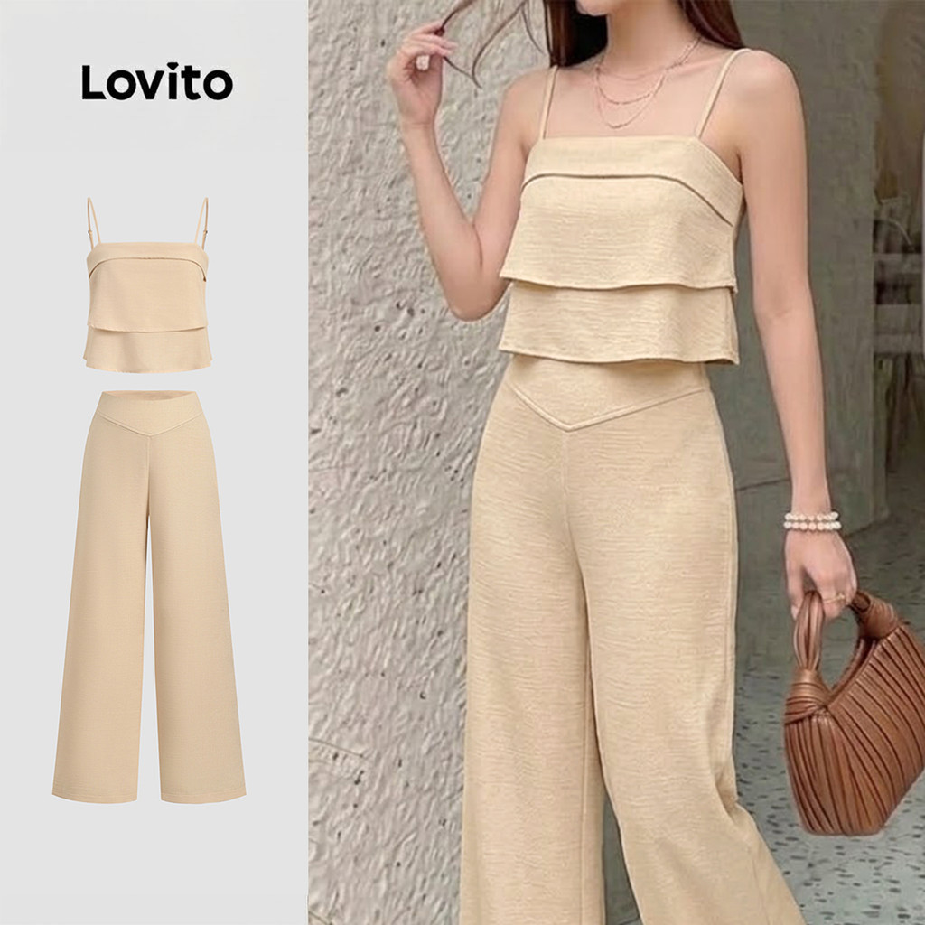 (New Arrival) Lovito เสื้อหรือกางเกงทรงเรียบหรูแบบเรียบๆ สวมใส่สบาย สไตล์เรียบง่าย เหมาะสําหรับฤดูใบไม้ผลิ/ฤดูร้อน สีคาเมลอ่อน LK7ED258